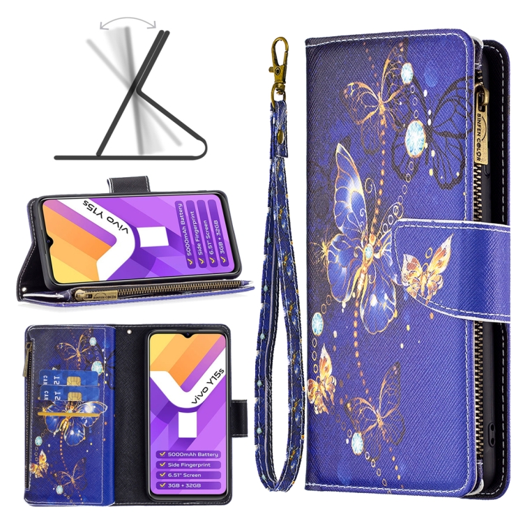 

For vivo Y15s Colored Drawing Pattern Zipper Horizontal Flip Leather Phone Case(Purple Butterfly)