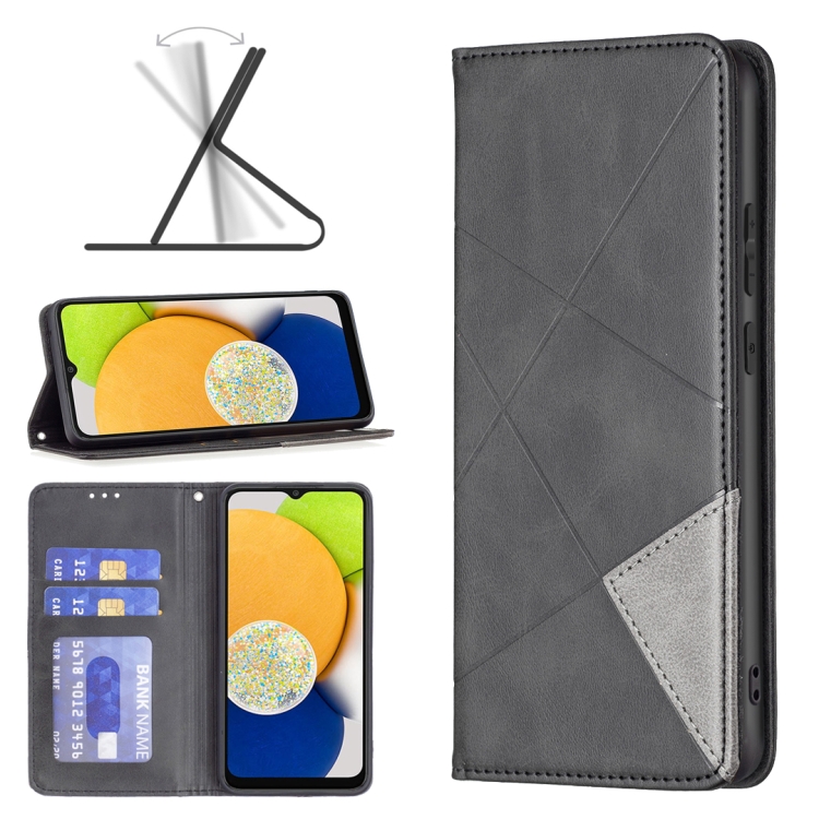 

For Samsung Galaxy A03 166mm Rhombus Texture Magnetic Leather Phone Case(Black)