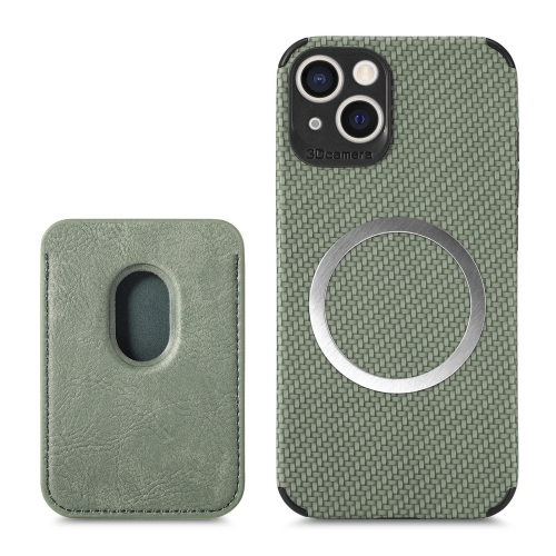 

For iPhone 13 mini Carbon Fiber Leather Card Magsafe Case (Green)