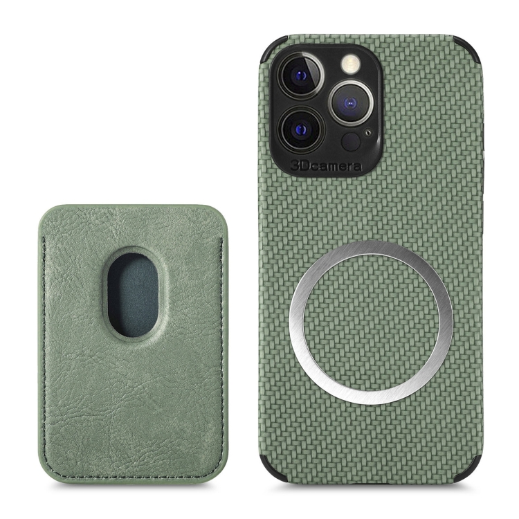 

For iPhone 13 Pro Max Carbon Fiber Leather Card Magsafe Case (Green)