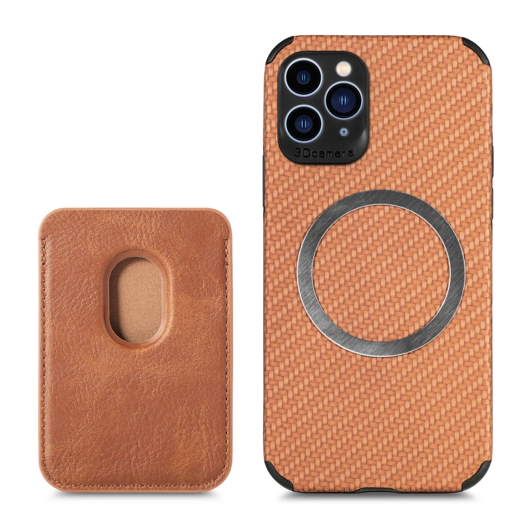 

Carbon Fiber Leather Card Magsafe Case For iPhone 11 Pro Max(Brown)
