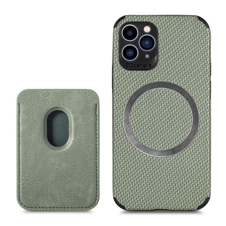 

Carbon Fiber Leather Card Magsafe Case For iPhone 11 Pro Max(Green)
