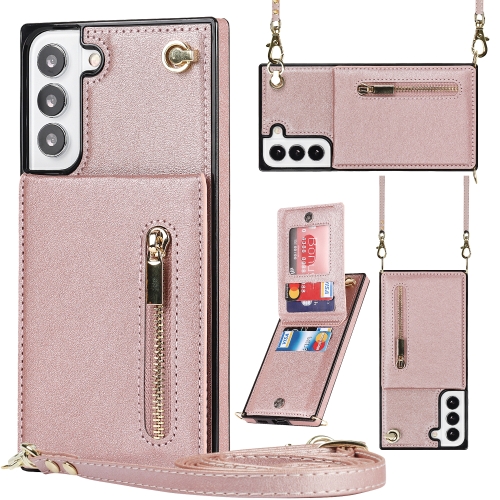 

For Samsung Galaxy S22+ 5G Cross-body Square Zipper Card Holder Bag Phone Case(Rose Gold)