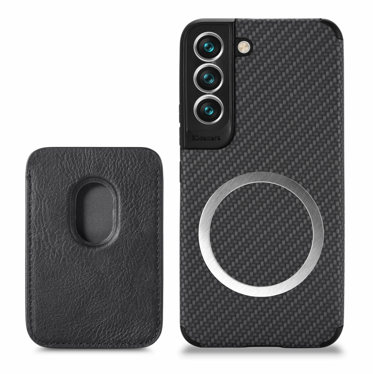 

For Samsung Galaxy S22+ 5G Carbon Fiber Leather Card Magsafe Phone Case(Black)