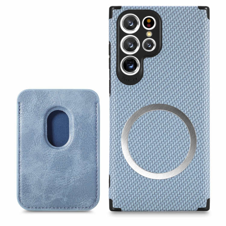

For Samsung Galaxy S22 Ultra 5G Carbon Fiber Leather Card Magsafe Phone Case(Blue)