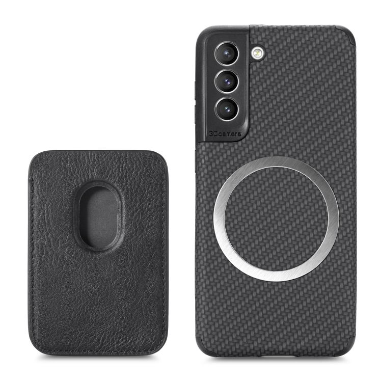 

For Samsung Galaxy S21 5G Carbon Fiber Leather Card Magsafe Phone Case(Black)