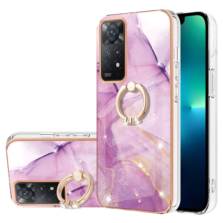 

For Xiaomi Redmi Note 11 Pro 5G / 4G Electroplating Marble Pattern IMD TPU Shockproof Phone Case with Ring Holder(Purple 001)