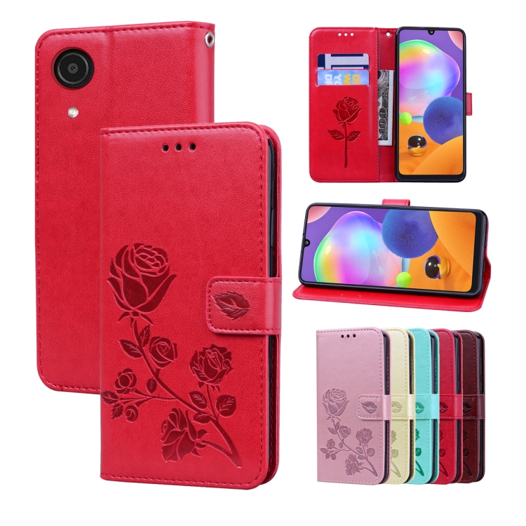 

For Samsung Galaxy A03 Core Rose Embossed Leather Phone Case(Red)