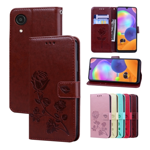 

For Samsung Galaxy A03 Core Rose Embossed Leather Phone Case(Brown)