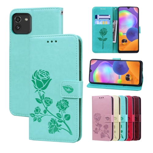 

For Samsung Galaxy A03 164mm Rose Embossed Leather Phone Case(Green)