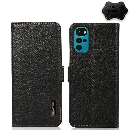 

For Motorola Moto G22 KHAZNEH Side-Magnetic Litchi Genuine Leather RFID Phone Case(Black)