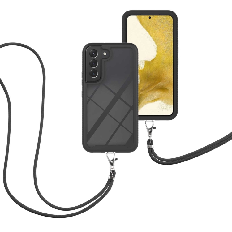 

For Samsung Galaxy S22 5G Starry Sky Solid Color Series Shockproof PC + TPU Protective Phone Case with Neck Strap(Black)