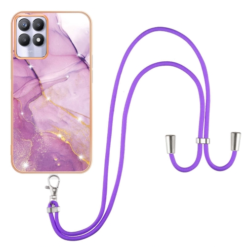 

For Realme 8i Electroplating Marble IMD TPU Phone Case with Lanyard(Purple 001)