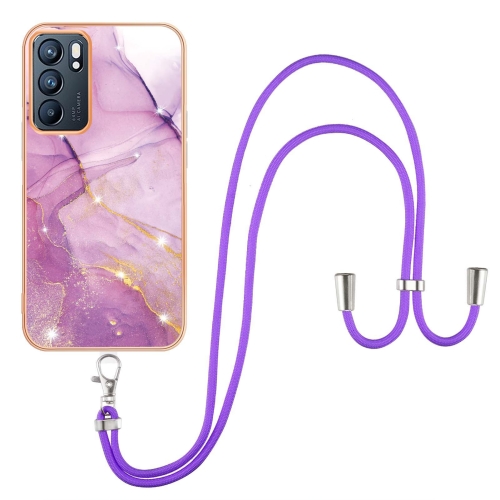 

For OPPO Reno6 5G Electroplating Marble IMD TPU Phone Case with Lanyard(Purple 001)