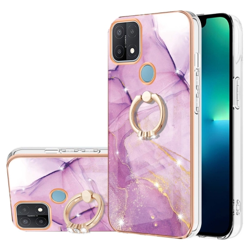 

For OPPO A15 / A15s Electroplating Marble Pattern IMD TPU Phone Case with Ring Holder(Purple 001)