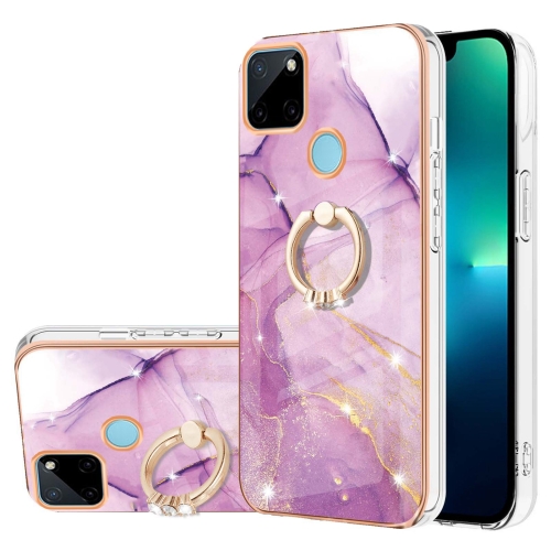 

For Realme C21Y Electroplating Marble Pattern IMD TPU Phone Case with Ring Holder(Purple 001)