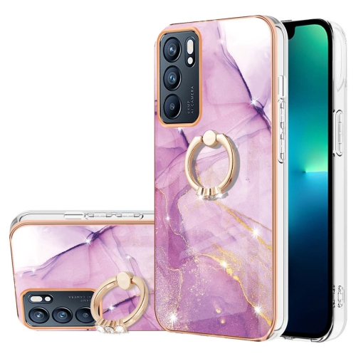 

For OPPO Reno6 5G Electroplating Marble Pattern IMD TPU Phone Case with Ring Holder(Purple 001)