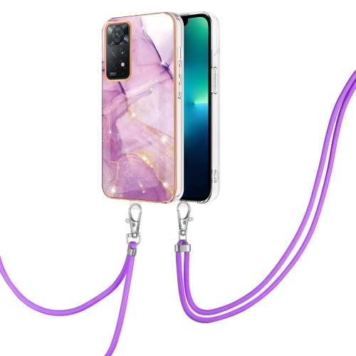 

For Xiaomi Redmi Note 11S / Note 11 4G Global Electroplating Marble IMD TPU Phone Case with Lanyard(Purple 001)