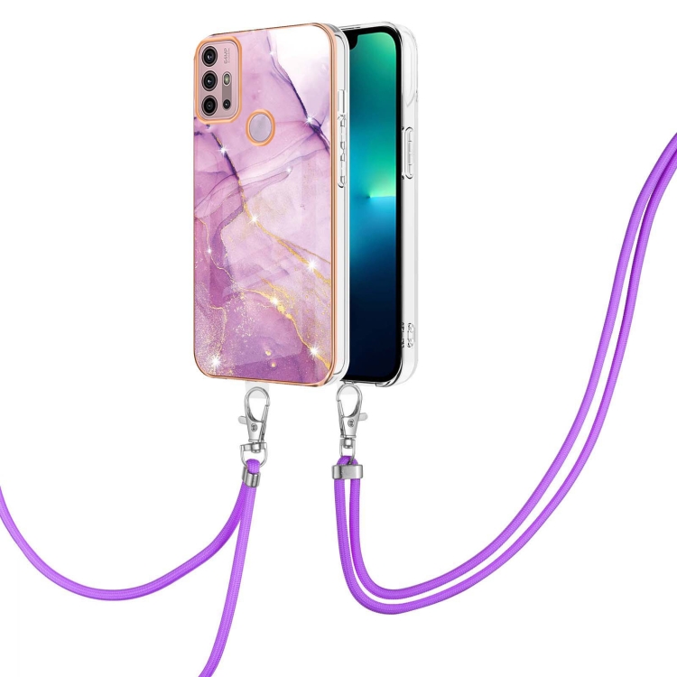 

For Motorola Moto G30/G20/G10/G10 Power Electroplating Marble IMD TPU Phone Case with Lanyard(Purple 001)