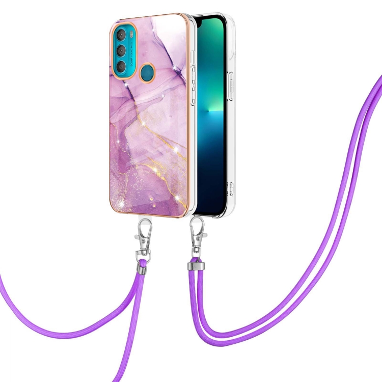 

For Motorola Moto G71 5G Electroplating Marble IMD TPU Phone Case with Lanyard(Purple 001)