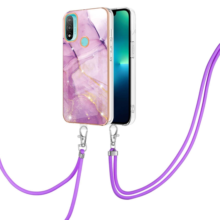 

For Motorola Moto E20 Electroplating Marble IMD TPU Phone Case with Lanyard(Purple 001)
