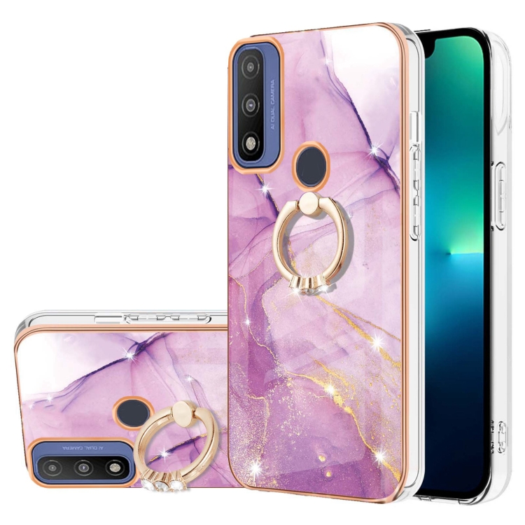 

For Motorola Moto G Pure Electroplating Marble Pattern IMD TPU Shockproof Phone Case with Ring Holder(Purple 001)