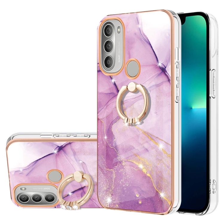 

For Motorola Moto G51 5G Electroplating Marble Pattern IMD TPU Shockproof Phone Case with Ring Holder(Purple 001)