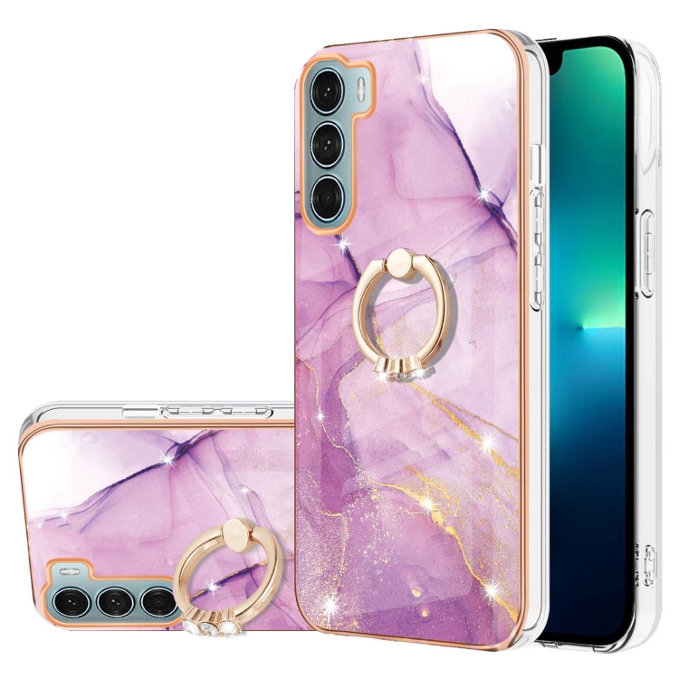 

For Motorola Moto G200 Electroplating Marble Pattern IMD TPU Shockproof Phone Case with Ring Holder(Purple 001)