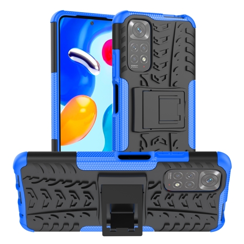 

For Xiaomi Redmi Note 11S 4G International Version Tire Texture Shockproof TPU+PC Phone Case with Holder(Blue)