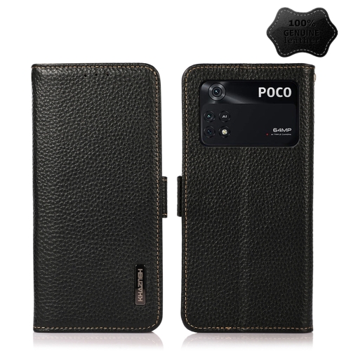 

For Xiaomi Poco M4 Pro 4G KHAZNEH Side-Magnetic Litchi Genuine Leather RFID Phone Case(Black)