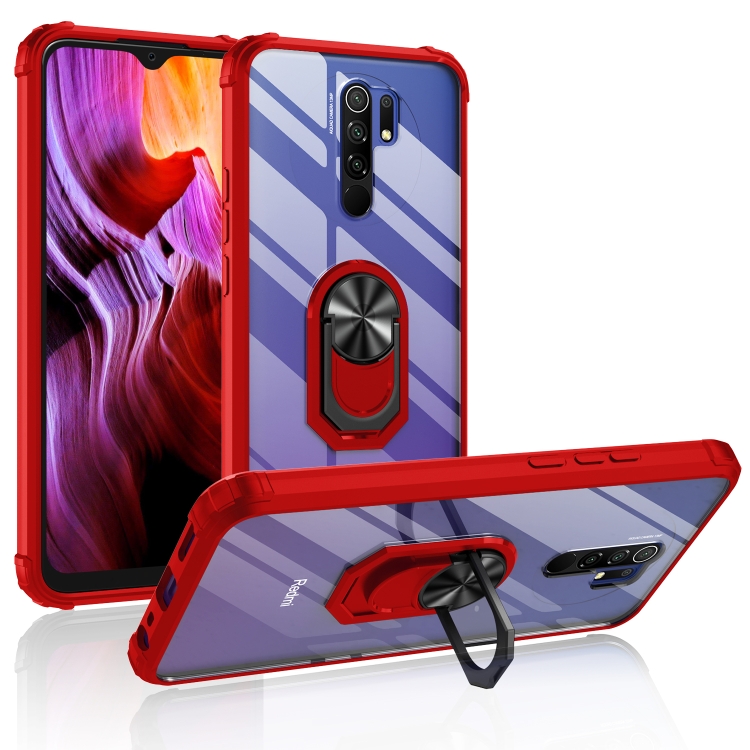 

For Xiaomi Redmi 9 Shockproof Transparent TPU + Acrylic Phone Case with Ring Holder(Red)