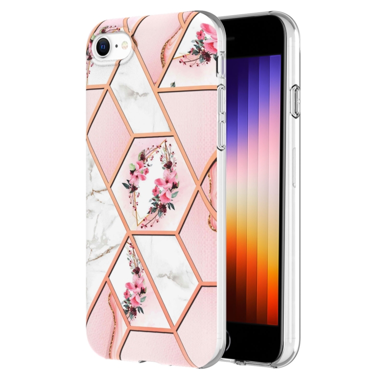

Electroplating Splicing Marble Flower Pattern TPU Shockproof Phone Case For iPhone SE 2022 / SE 2020 / 8 / 7(Pink Flower)