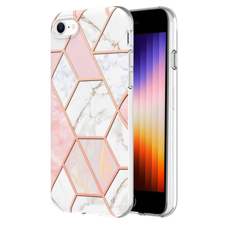 

Electroplating Splicing Marble Flower Pattern Dual-side IMD TPU Shockproof Phone Case For iPhone SE 2022 / SE 2020 / 8 / 7(Pink White)