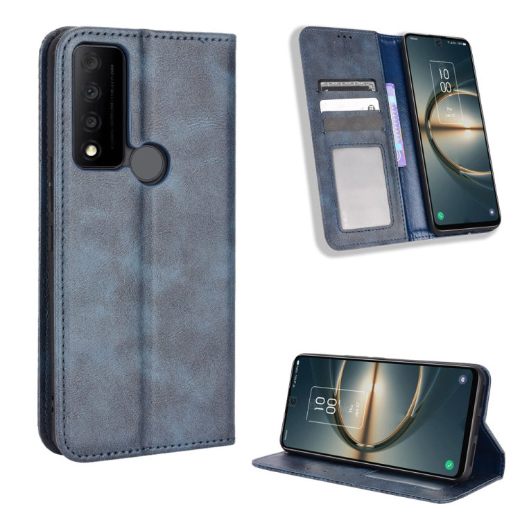 

For TCL 30V 5G Magnetic Buckle Retro Texture Leather Phone Case(Blue)