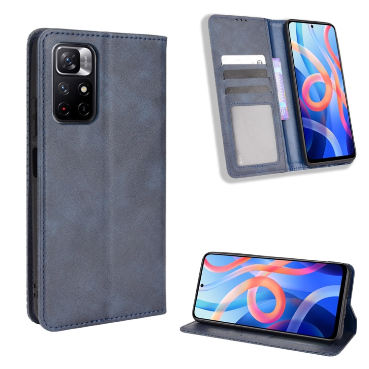 

For Xiaomi Poco M4 Pro 5G Big Hole Magnetic Buckle Retro Texture Leather Phone Case(Blue)