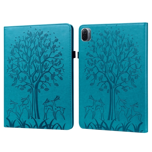 

For Xiaomi Pad 5 / 5 Pro Tree & Deer Pattern Pressed Printing Leather Tablet Case with Sleep / Wake-up(Blue)