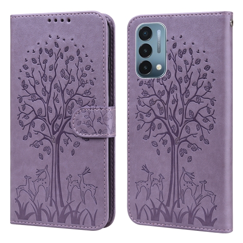 

For OnePlus Nord N200 5G Tree & Deer Pattern Pressed Printing Horizontal Flip Leather Phone Case(Purple)