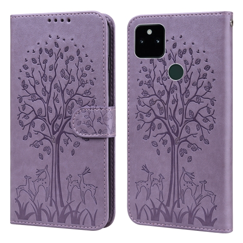 

For Google Pixel 5a 5G Tree & Deer Pattern Pressed Printing Horizontal Flip Leather Phone Case(Purple)