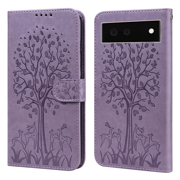 

For Google Pixel 6 Tree & Deer Pattern Pressed Printing Horizontal Flip Leather Phone Case(Purple)