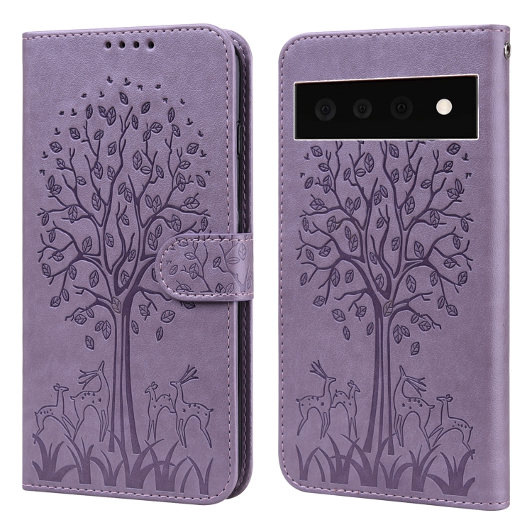 

For Google Pixel 6 Pro Tree & Deer Pattern Pressed Printing Horizontal Flip Leather Phone Case(Purple)