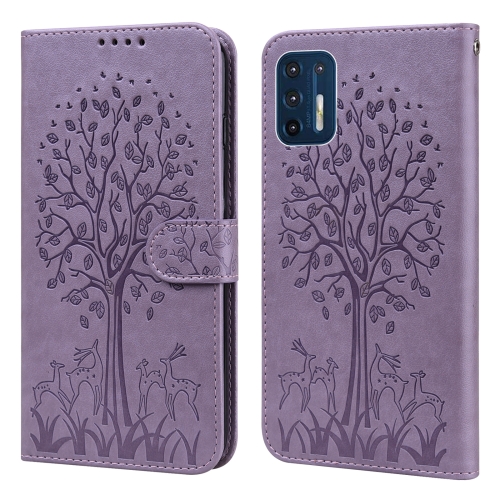 

For Motorola Moto G9 Plus Tree & Deer Pattern Pressed Printing Horizontal Flip Leather Phone Case(Purple)