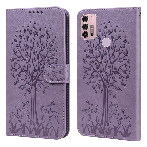 

For Motorola Moto G30 / G20 / G10 Tree & Deer Pattern Pressed Printing Horizontal Flip Leather Phone Case(Purple)