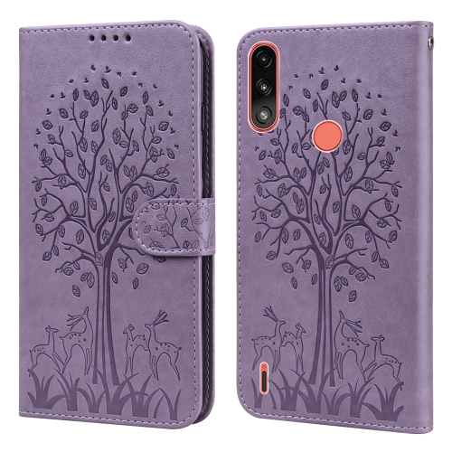 

For Motorola Moto E7i Power / E7 Power Tree & Deer Pattern Pressed Printing Horizontal Flip Leather Phone Case(Purple)