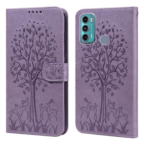 

For Motorola Moto G60 Tree & Deer Pattern Pressed Printing Horizontal Flip Leather Phone Case(Purple)