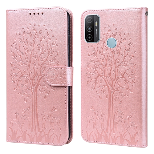 

For OPPO A32 / A33 / A52 / A52s Tree & Deer Pattern Pressed Printing Horizontal Flip Leather Phone Case(Pink)