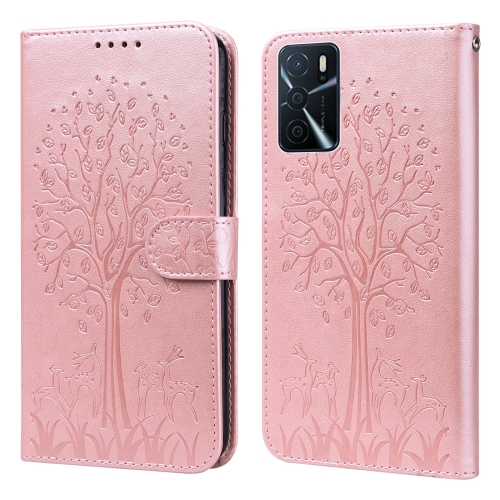 

For OPPO A16 Tree & Deer Pattern Pressed Printing Horizontal Flip Leather Phone Case(Pink)