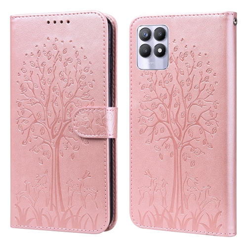 

For Realme 8i Tree & Deer Pattern Pressed Printing Horizontal Flip Leather Phone Case(Pink)