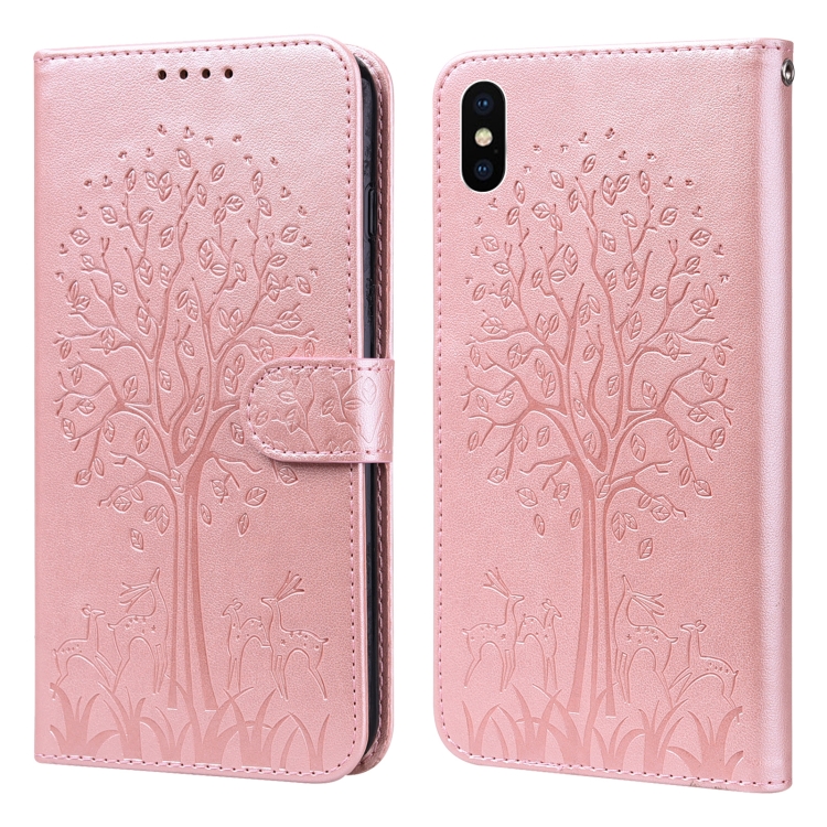 

Tree & Deer Pattern Pressed Printing Horizontal Flip Leather Phone Case For iPhone XS Max(Pink)