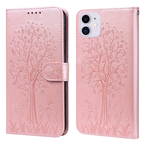 

For iPhone 11 Tree & Deer Pattern Pressed Printing Horizontal Flip Leather Phone Case (Pink)