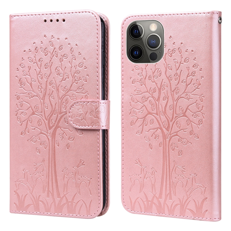 

Tree & Deer Pattern Pressed Printing Horizontal Flip Leather Phone Case For iPhone 12 / 12 Pro(Pink)